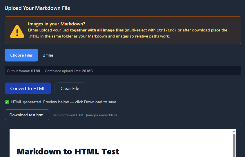 Upload Markdown file to convert MD to HTML online